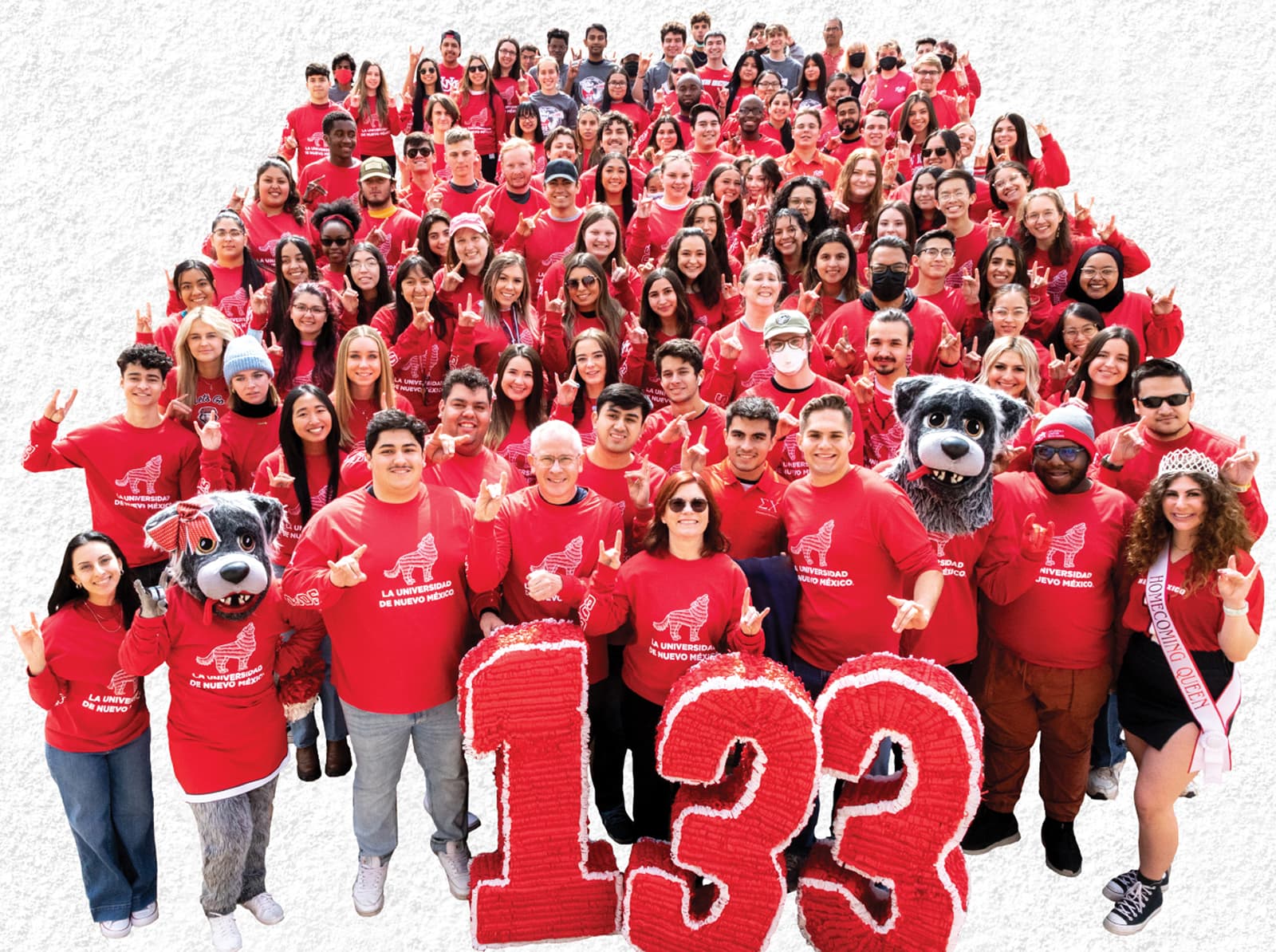 Group photo for 2022 Lobo Day. A large group shot of the UNM Community wearing red shirts.