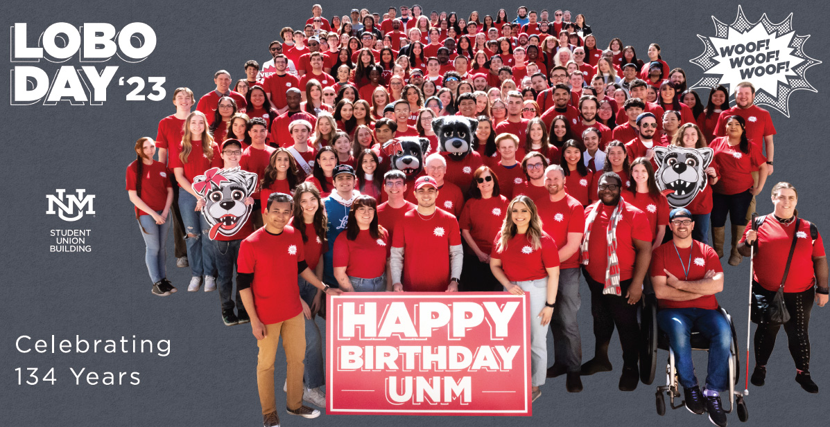 Group photo for 2022 Lobo Day. A large group shot of the UNM Community wearing red shirts.